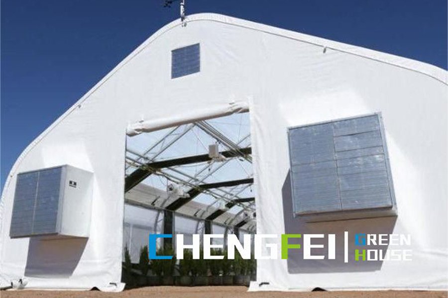 Existing CFGET commercial cannabis light-deprivation greenhouse with ventilation equipment